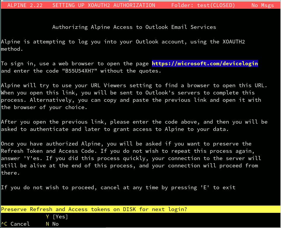 Success! Alpine can read and send email in Outlook