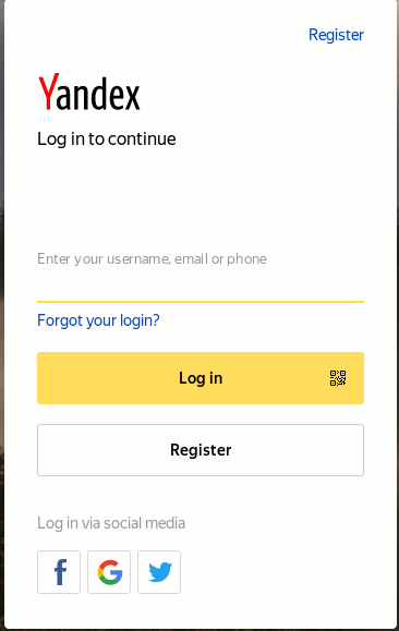 Login Screen for Yandex